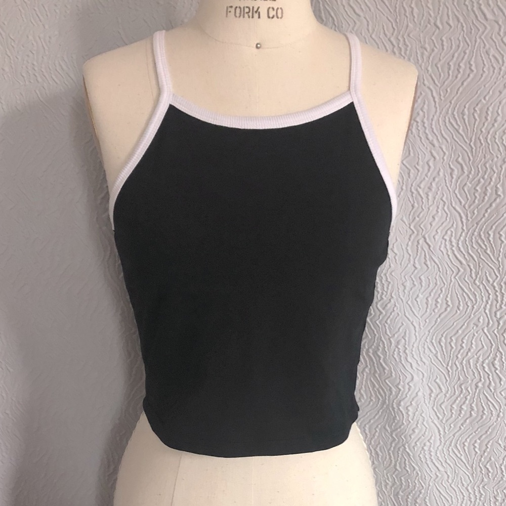 Tiny black crop top with white straps unbranded